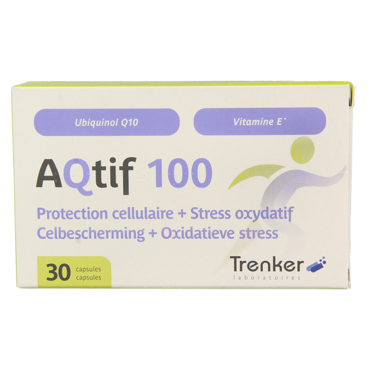 Trenker Aqtif100 multi-vitamin capsules in a clear bottle, showing 30 capsules for daily nutritional support.