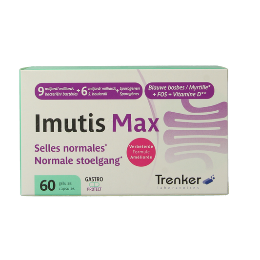Trenker Imutis Max micro-organismen capsules, 60 count, featuring probiotic supplement with natural ingredients.