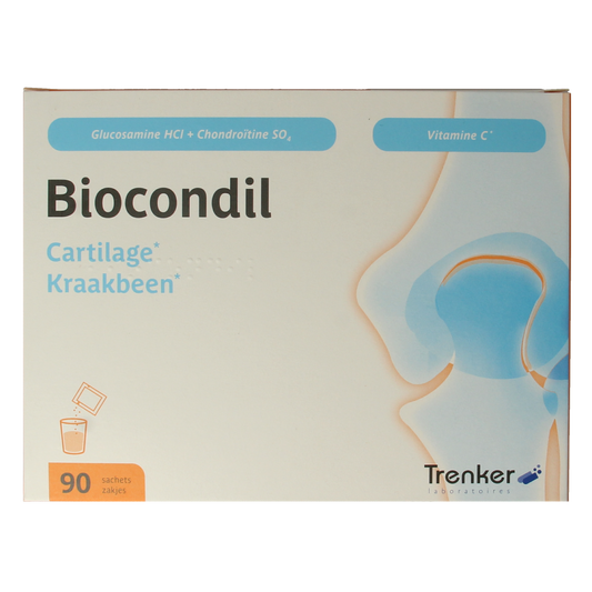Trenker Biocondil cartilage and mineral supplement sachets, featuring colorful sachets with label details, for joint support.
