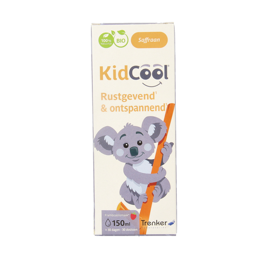Trenker KidCool bio herbal syrup in 150ml bottle, featuring a colorful label with herbal illustrations and a dropper cap.