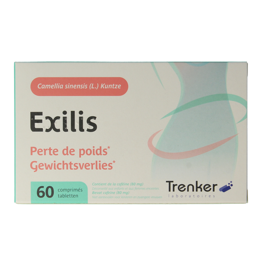 Trenker Exilis 60 tablets, herbal supplement in a blister pack showing the product packaging and tablets.