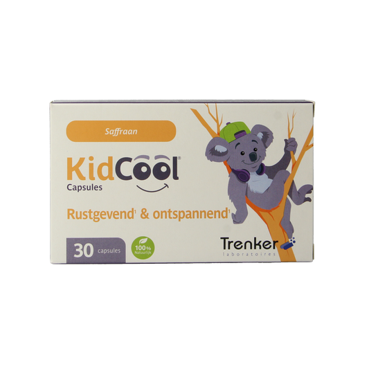 Trenker KidCool herbal supplement capsules for kids, featuring natural ingredients in a transparent bottle with capsules visible.