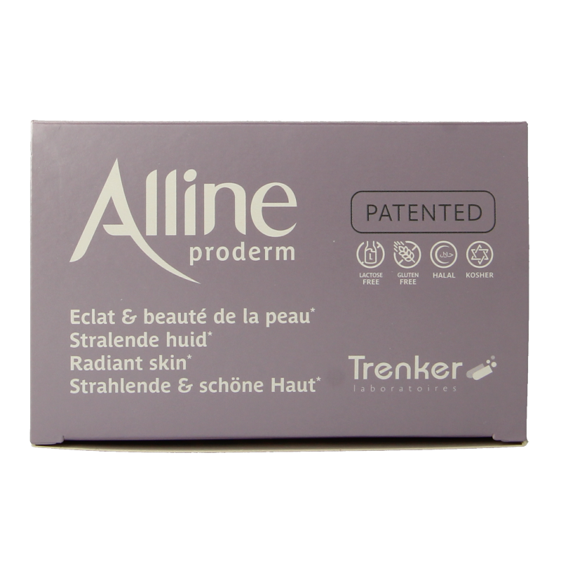 Trenker Alline Proderm capsules, dietary supplement with 180 capsules, displayed in a bottle against a white background.
