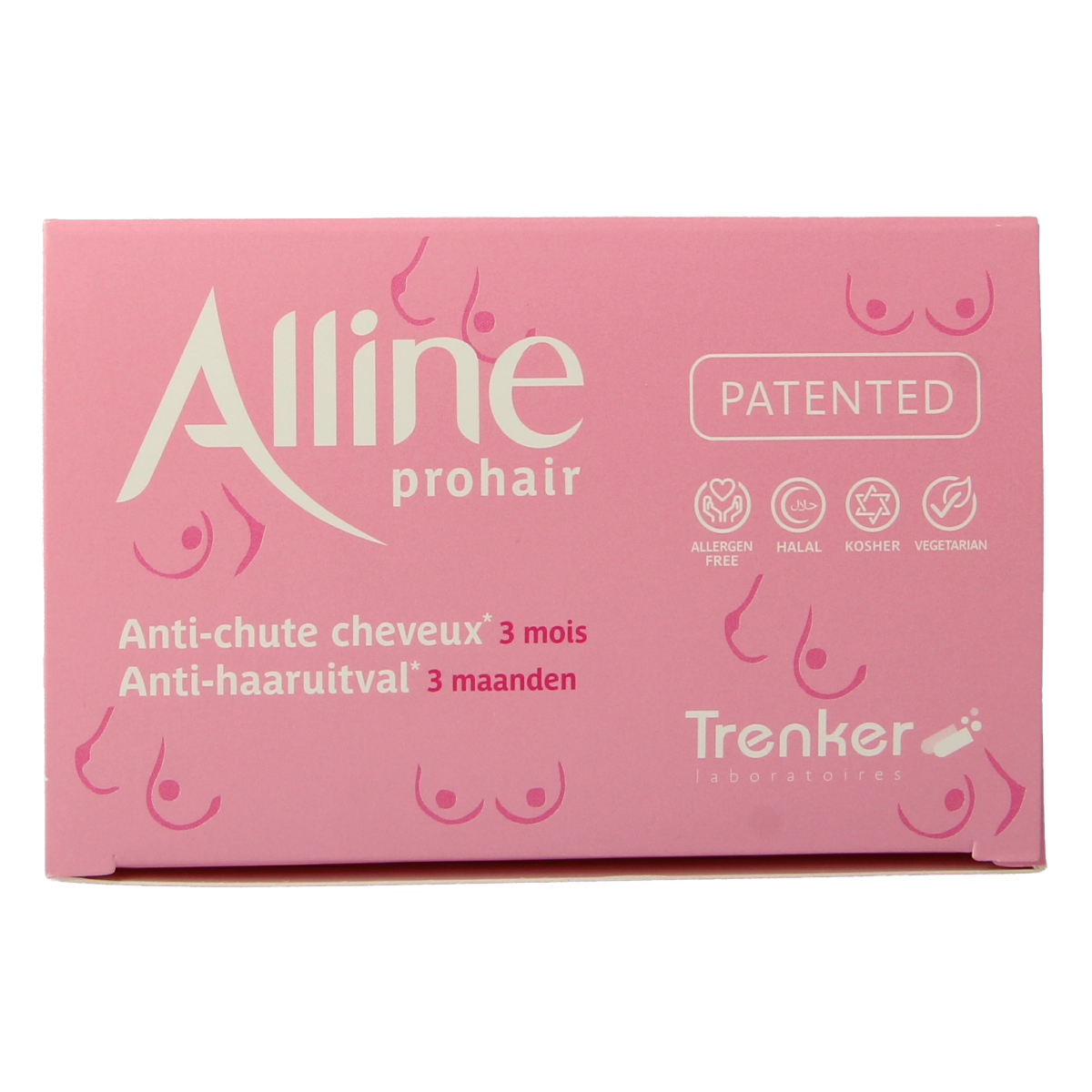 Trenker Alline Prohair 180 tablets, multivitamin supplement for hair health, shown in a close-up image of the bottle and tablets.
