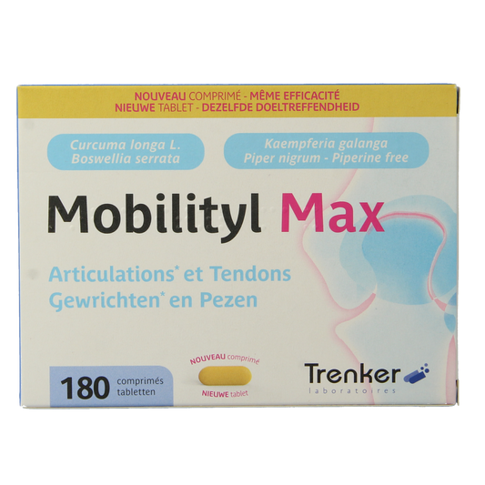 Trenker MobilityL Max 180 herbal supplement tablets in a bottle, designed to support joint and mobility health.