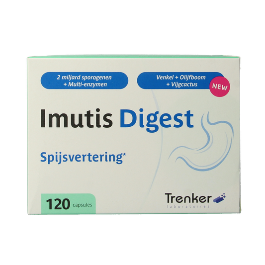 Trenker Imutis Digest micro-organisms capsules, 120 count, featuring supplement bottles with capsules in a natural setting.