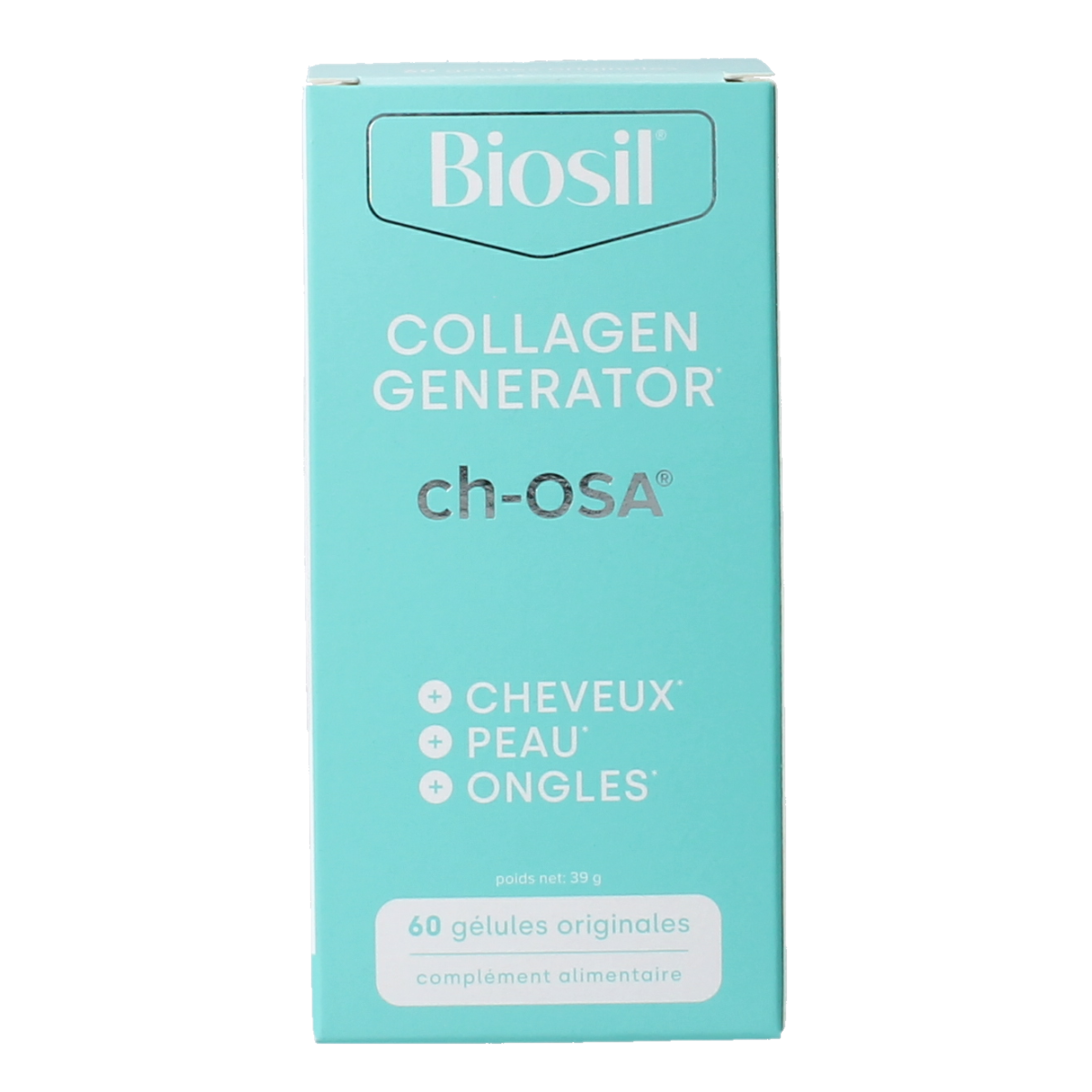Biosil mineral multivitamin capsules for skin, hair, and nails in vegetarian form, displayed in a bottle with capsules.