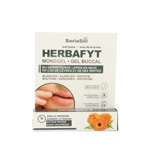 SoriaBel Herbafyt gel for oral hygiene and brushing control, 5 grams, shown in the image with herbal ingredients and packaging.
