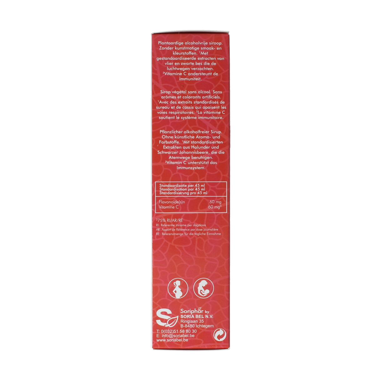 SoriaBel Sambuxir herbal preparation bottle with 150ml label, featuring natural ingredients and product branding.