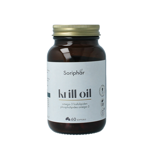 SoriaBel Neptune Krill Oil Vetzuren capsules in a clear bottle, showing multiple small softgel capsules inside.