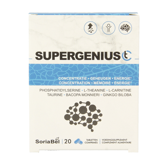 SoriaBel Supergenius CT 20.00 herbal supplement tablets in a blister pack, featuring natural ingredients and product branding.