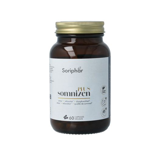SoriaBel Somnizen plus theanine herbal capsules in a bottle, natural supplement for relaxation and sleep support.