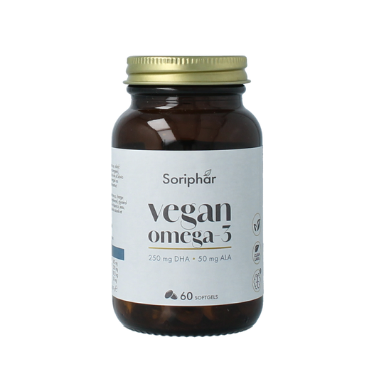 Soriphar Omega 3 DHA + ALA vegan softgels, Vetzuren supplement, 60 softgels bottle, with softgel capsules visible.