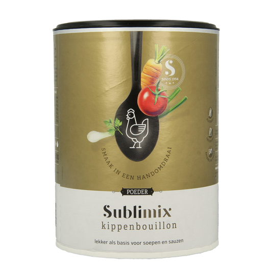Sublimix Kippenbouillon glutenvrij 550g, gluten-free chicken broth powder in a clear plastic container with a yellow label.