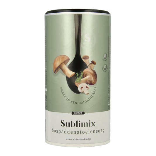 Sublimix Bospaddenstoelensoep glutenvrij 190g can with mushroom soup, gluten-free, in a sealed metal can.