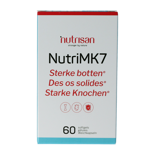 Vetzuren Nutrisan NutriMK7 60 capsules bottle with label showing product name and branding, close-up view of capsules and packaging