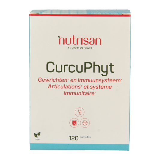 Nutrisan Curcuphyt herbal supplement capsules in a bottle, dietary supplement by Nutrisan for health support.