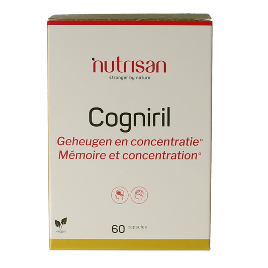 Nutrisan Cogniril capsules shown in a bottle, herbal supplement for cognitive support, in a clear view.