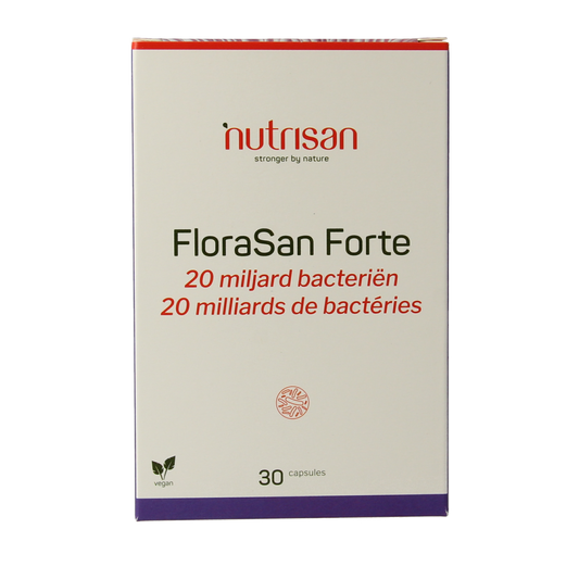 Nutrisan Florasan Forte capsules with micro-organismen, showing a bottle of dietary supplement capsules.