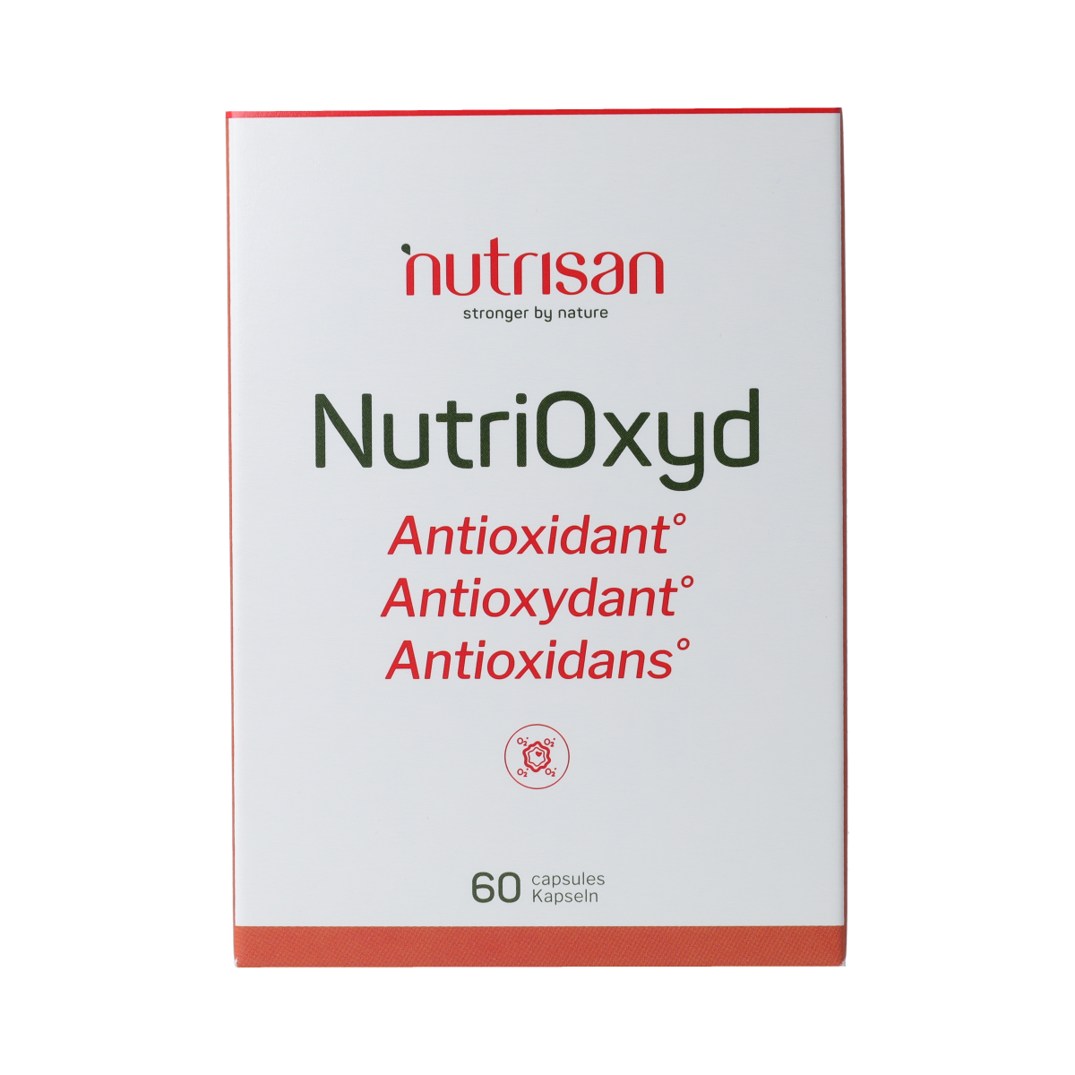 Nutrisan NutriOxyd 60 capsules, dietary supplement with herbal ingredients, displayed in a clear container.