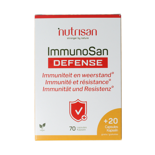 Nutrisan Immunosan Defense vegetarian herbal capsules in a bottle, dietary supplement for immune support.