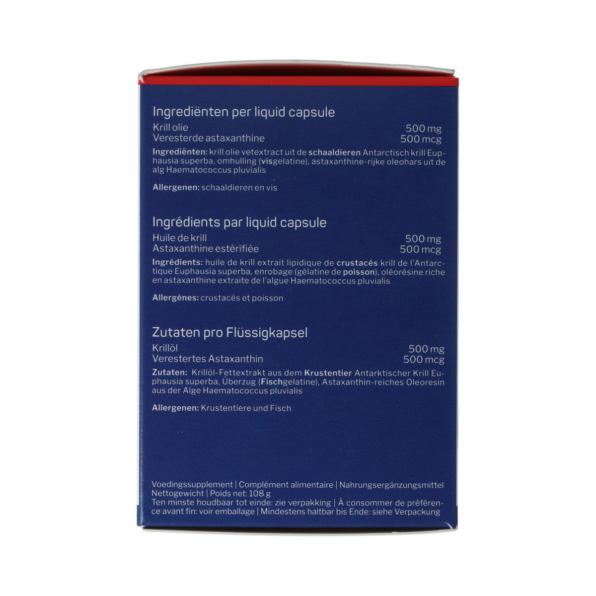 Nutrisan Krill Oil Licaps, Vetzuren supplement with soft gel capsules containing omega-3 fatty acids.
