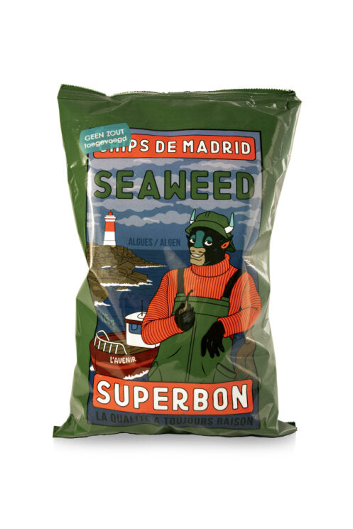 Superbon zeewier chips zonder toegevoegd zout, 125g, crispy snack with visible seaweed pieces, in a clear bag.