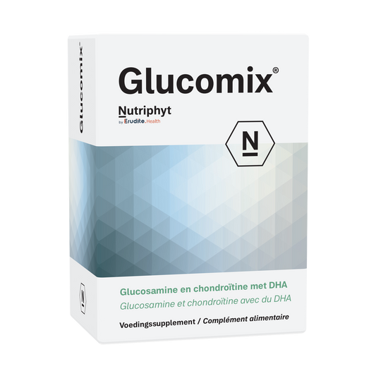 Nutriphyt Glucomix mineral multivitamin tablets, 60 count, shown in blister pack with white tablets and colorful packaging
