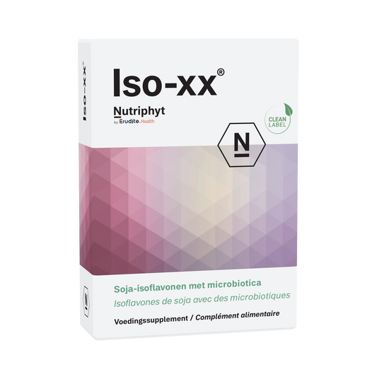 Nutriphyt Iso-xx herbal supplement tablets in a bottle, part of the Kruidenpreparaten product line, with 30 tablets visible.