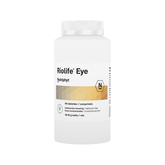 Nutriphyt Riolife Eye multivitamin tablets, 90-count, dietary supplement for eye health, in a white bottle with label.
