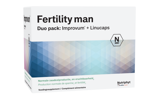 Nutriphyt Fertility Man Duo with 2 x 60 herbal supplement capsules for male fertility support, shown in bottle images.