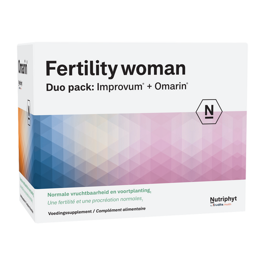 Nutriphyt Fertility Woman Duo herbal supplement capsules, 2 x 60 capsules, for supporting women's reproductive health.