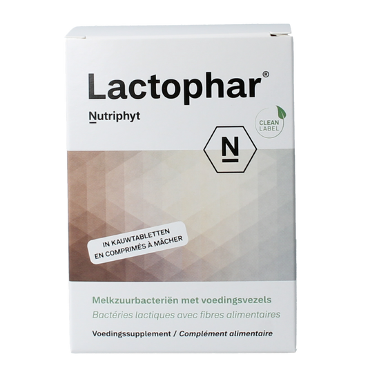 Nutriphyt Lactophar 90 micro-organism tablets in a blister pack, dietary supplement for gut health from Nutriphyt.