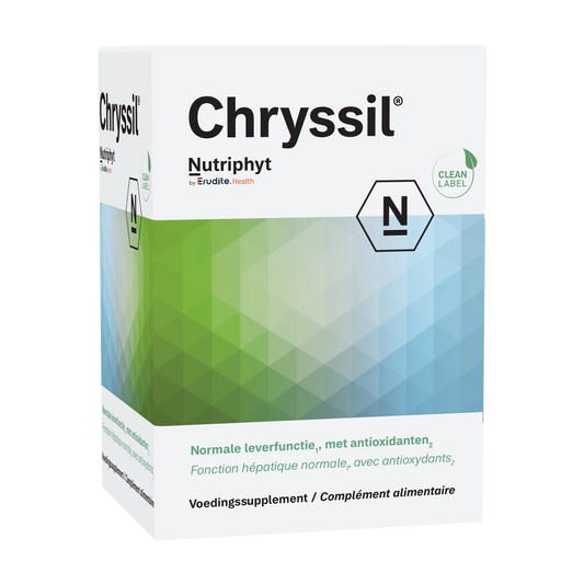 Nutriphyt Chryssil herbal supplement capsules in a white container, showcasing the Nutriphyt brand and product packaging.