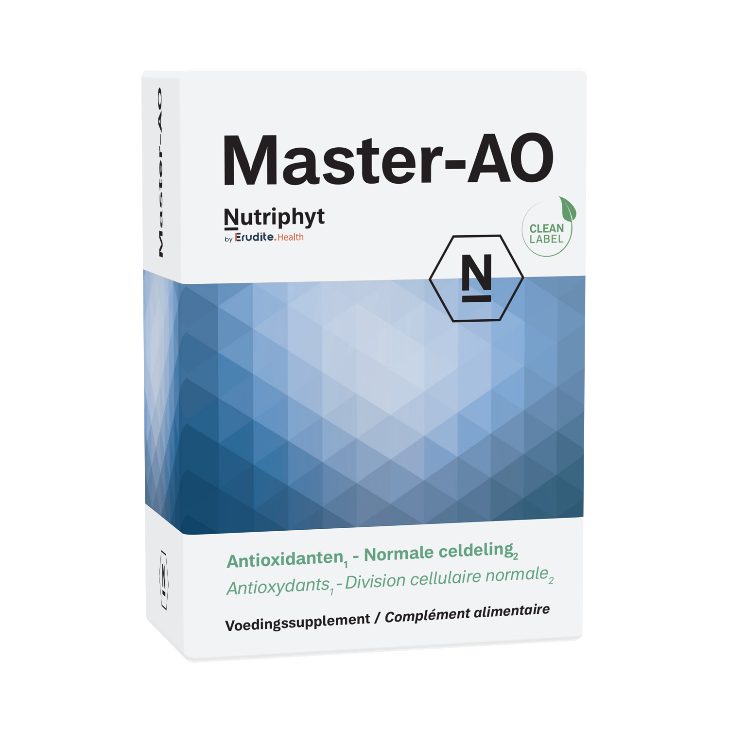 Nutriphyt Master-AO amino acid capsules in a clear bottle, showing white capsules with label details on the packaging.