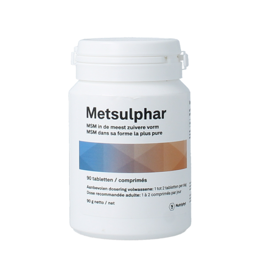 Nutriphyt Metsulphar mineral supplement tablets, 90 count, showing the blister pack with white tablets for livestock health.