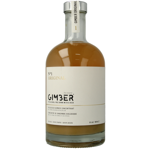 Gimber No. 1 organic ginger concentrate bottle, 700ml, in clear glass with label, for drinks and beverages.