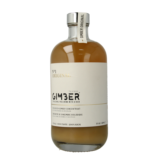 Gimber No. 1 organic ginger concentrate bottle, 500ml, in a clear glass container with a white label and black cap.