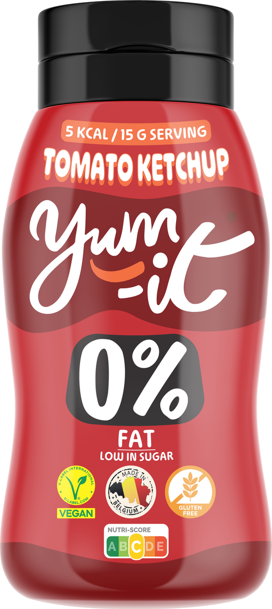 Yum-It Tomato Ketchup 300g bottle, smooth red ketchup with label, for use as a condiment or flavor enhancer.