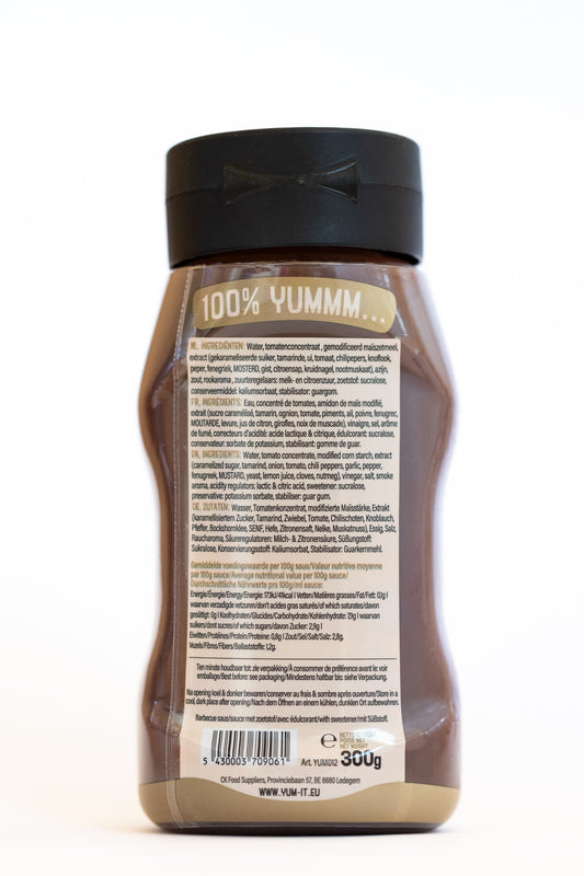 Yum-It Barbecue sauce 300g bottle with label, savory sauce for grilling and flavoring barbecue dishes.