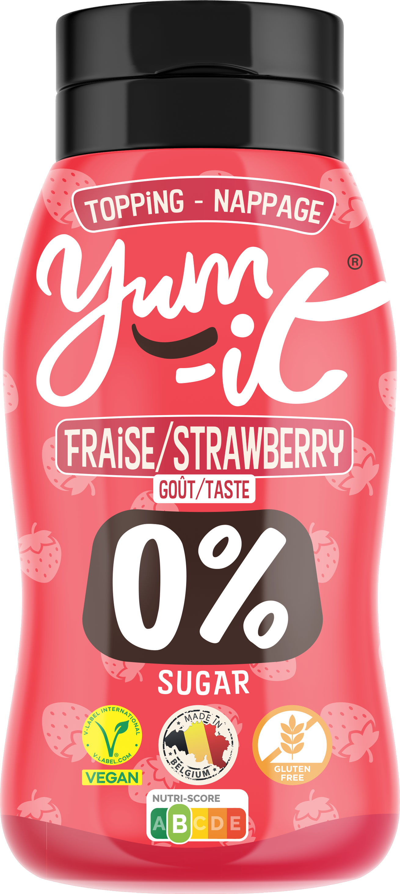 Yum-It Aardbei topping broodbeleg spread in a jar, bright pink strawberry flavor, suitable for bread and toast.