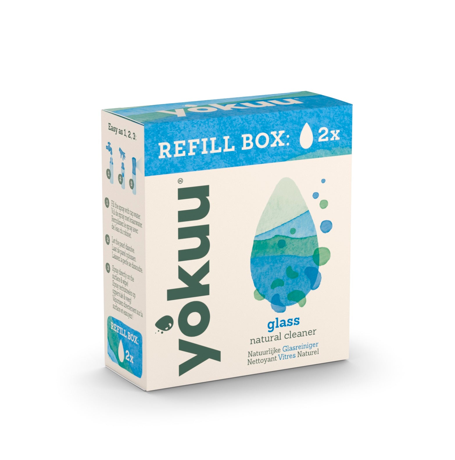 Yokuu Glasreiniger refill pack with two cleaning products, designed for glass and surface cleaning in household cleaning supplies