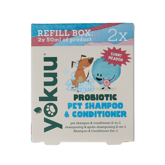 Yokuu Probio shampoo and conditioner for pets, refill pack of 2 in a natural animal care setting.