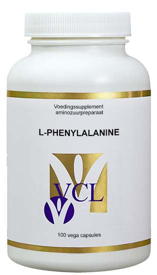 Vital Cell Life L-Phenylalanine 500mg capsules, 100 count, in a white bottle with label showing product details.