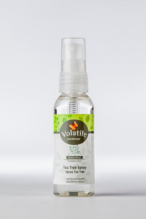 Volatile Tea Tree Spray 50ml, natural body care product in a clear spray bottle with a green label, ready for use.