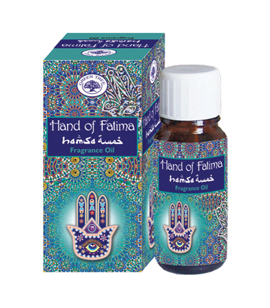 Green Tree Geurolie Hand of Fatima essential oil bottle, 10ml, with a green and white label and a dropper cap.