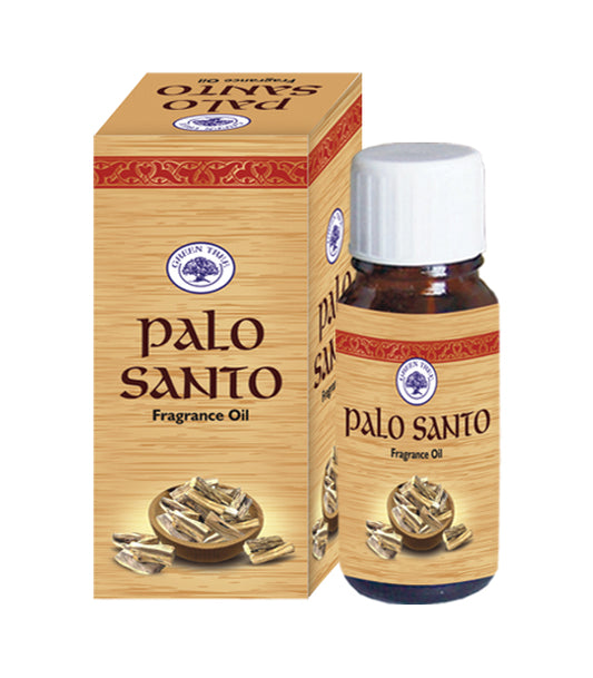 Green Tree Palo Santo essential oil bottle, 10ml, showing the green label and clear glass container with amber liquid inside.