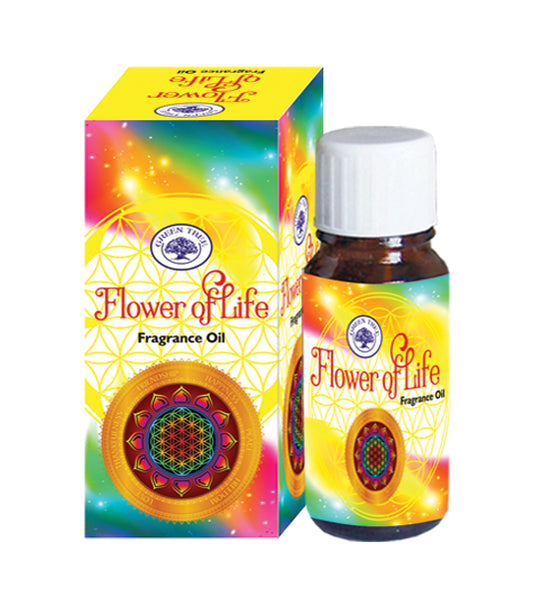 Green Tree Geurolie flower of life essential oil bottle, 10ml, with green and floral label, for aromatherapy and natural wellness.