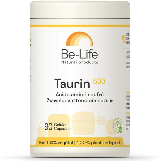 Be-Life Taurin 500 softgels, dietary amino acid supplement with 90 softgels in a clear bottle.
