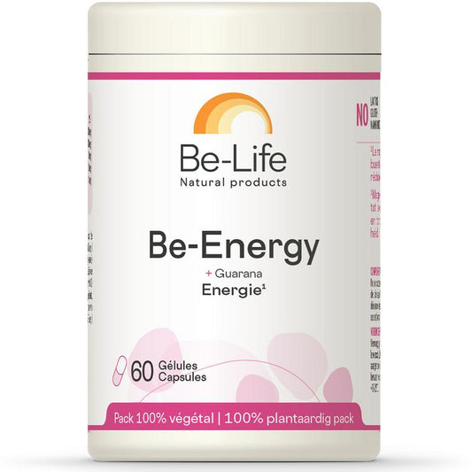 Be-Life Be-energy & guarana softgels in a bottle, herbal supplement for energy and vitality.